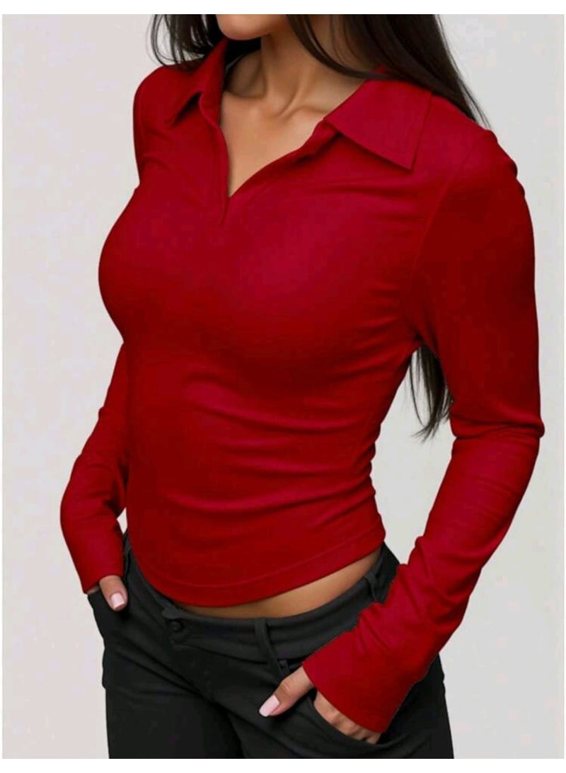 شي إن بلوزة رياضية نسائية جديدة بياقة عالية على شكل حرف V وأكمام طويلة بدون خياطة - Image 1