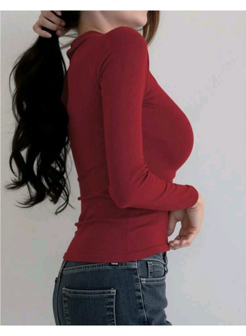 شي إن بلوزة رياضية نسائية جديدة بياقة عالية على شكل حرف V وأكمام طويلة بدون خياطة - Image 2