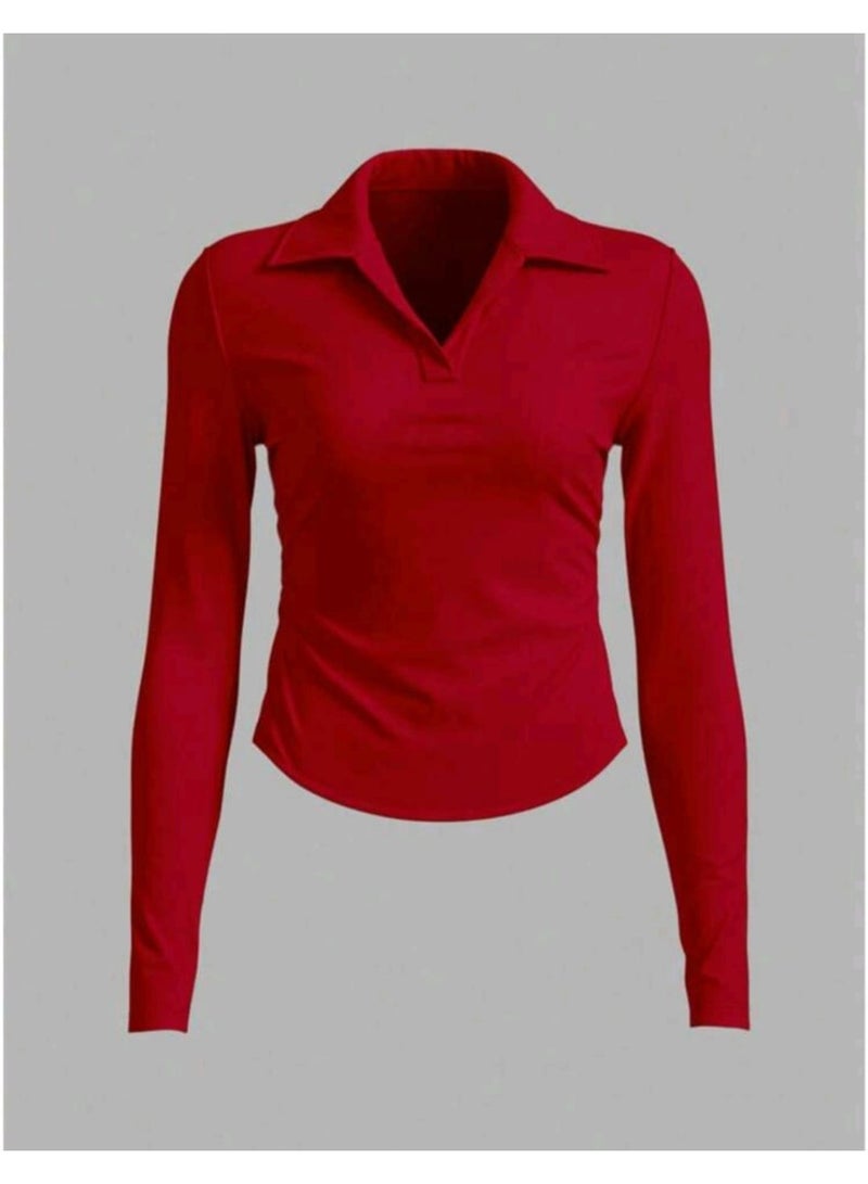 شي إن بلوزة رياضية نسائية جديدة بياقة عالية على شكل حرف V وأكمام طويلة بدون خياطة - Image 3