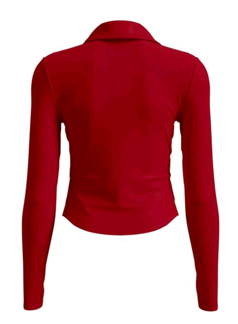 شي إن بلوزة رياضية نسائية جديدة بياقة عالية على شكل حرف V وأكمام طويلة بدون خياطة - Image 4