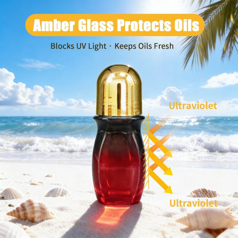 Refillable Roller Bottle Gold Waisted Amber Glass with Rose Quartz Roller - Aromatherapy Essential Oil Roller for Skin Care - Image 4