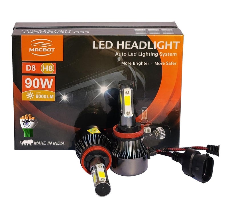 H8/H11/H16 Type LED Fog light Bulb 90 Watt D8-H8, with 1-Year Replacement Warranty - Made in India for Cars (45 Watt Each Bulb) Super Bright White Light, Easy Installation