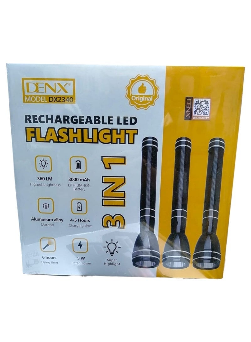 Denx 3 in 1 Rechargeable LED Flashlight 360 Lumens High Brightness Torch Portable Handheld Light 5W Long Battery Backup 6 Hours Runtime for Camping Hiking Emergency Outdoor Use Black - Image 3