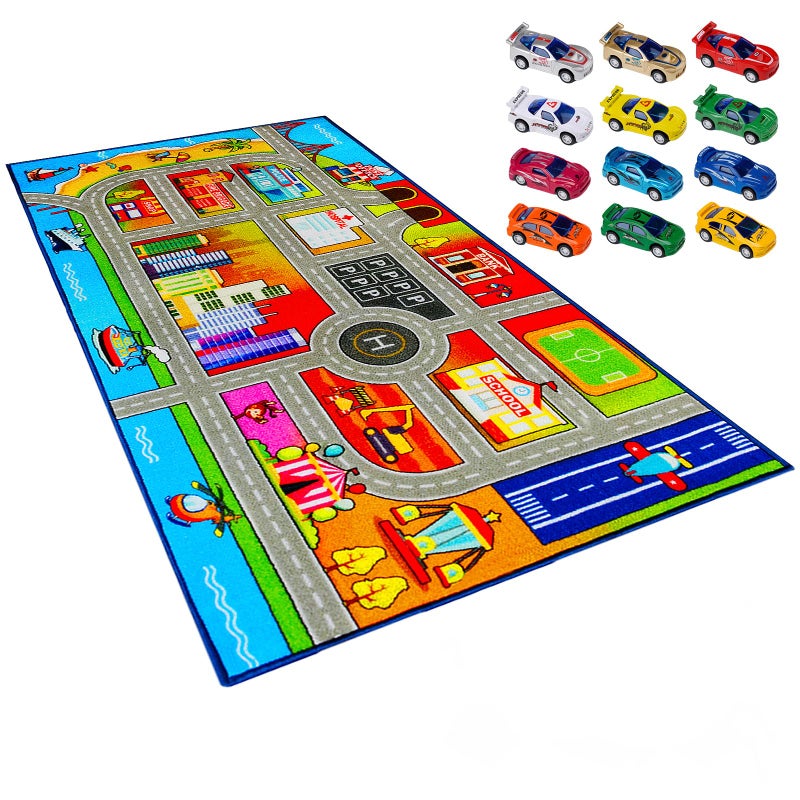 Booooom Jackson Kids Carpet Playmat with 12 Toy Cars for Age 3+ Colorful Non Slip City Rug for Kids Track Play Mat Playroom Bedroom Classroom Nursery - Image 1