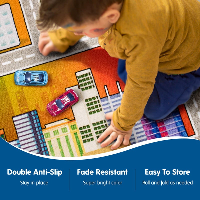 Booooom Jackson Kids Carpet Playmat with 12 Toy Cars for Age 3+ Colorful Non Slip City Rug for Kids Track Play Mat Playroom Bedroom Classroom Nursery - Image 3