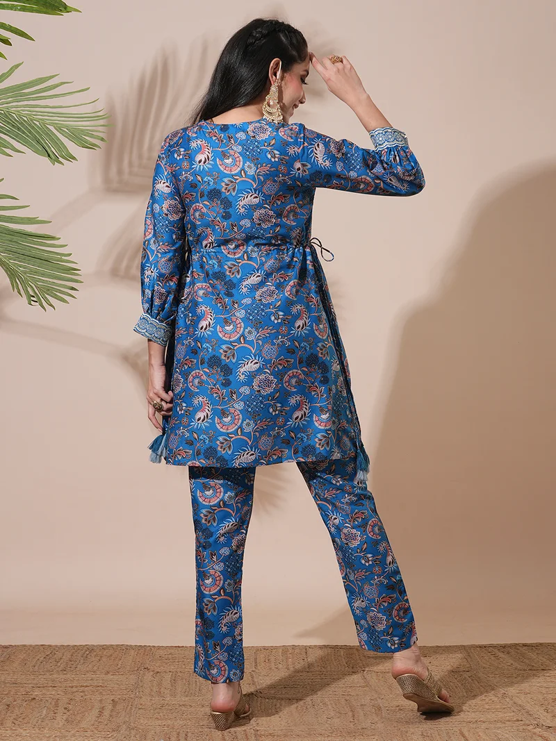 globus Women Floral Print Drawstring Detail Tunic With Mid-Rise Pants Fusion Co-Ord Set