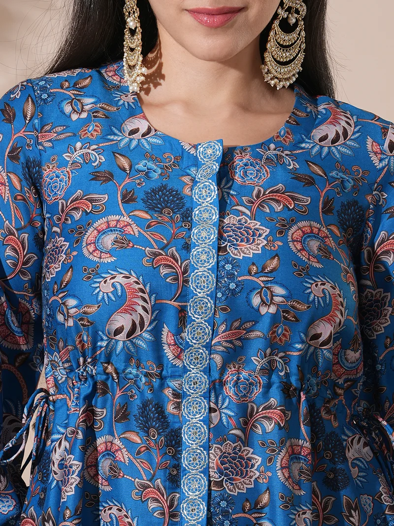 globus Women Floral Print Drawstring Detail Tunic With Mid-Rise Pants Fusion Co-Ord Set