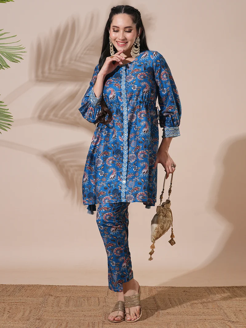 globus Globus Women Floral Print Drawstring Detail Tunic With Mid-Rise Pants Fusion Co-Ord Set