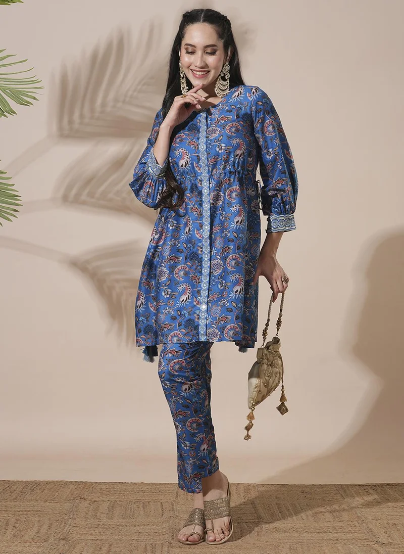Globus Women Floral Print Drawstring Detail Tunic With Mid-Rise Pants Fusion Co-Ord Set