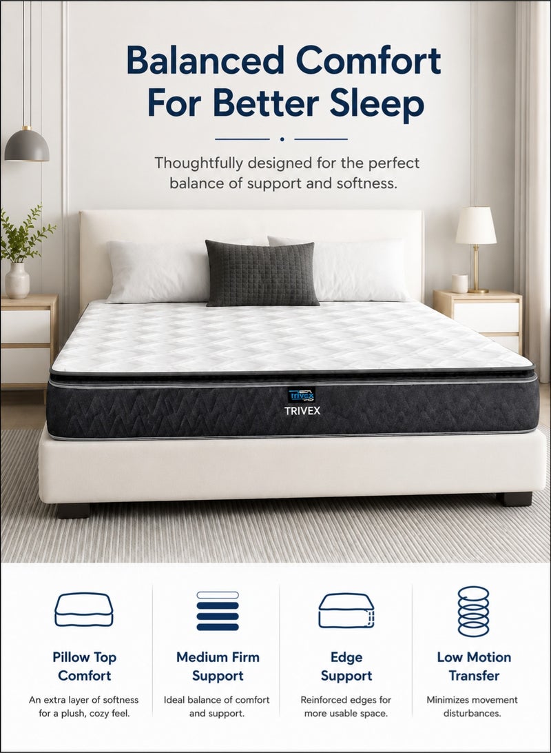 TRIVEX Queen Size Mattress 160x200 cm | 27 cm Bonnell Spring Mattress | Medium Firm Hybrid Mattress With Pillow Top Edge Support For Bedroom - Image 2