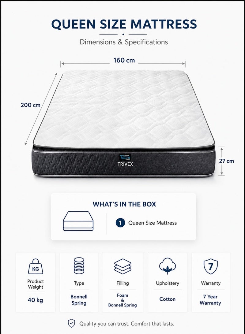 TRIVEX Queen Size Mattress 160x200 cm | 27 cm Bonnell Spring Mattress | Medium Firm Hybrid Mattress With Pillow Top Edge Support For Bedroom - Image 1