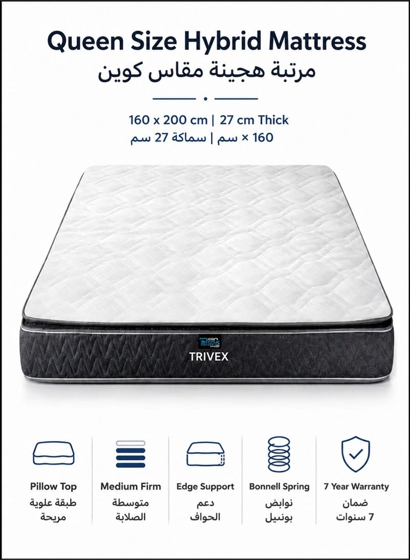 TRIVEX Queen Size Mattress 160x200 cm | 27 cm Bonnell Spring Mattress | Medium Firm Hybrid Mattress With Pillow Top Edge Support For Bedroom - Image 3