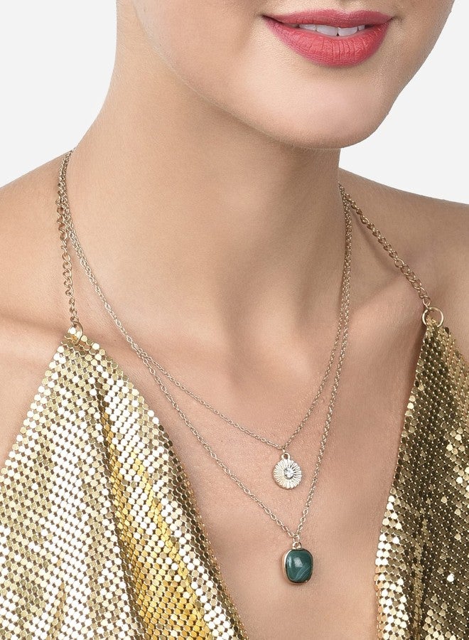 Ami Green Stone Contemporary 2 Layers Necklace and Chain For Women-ZPFK19712 - Image 2