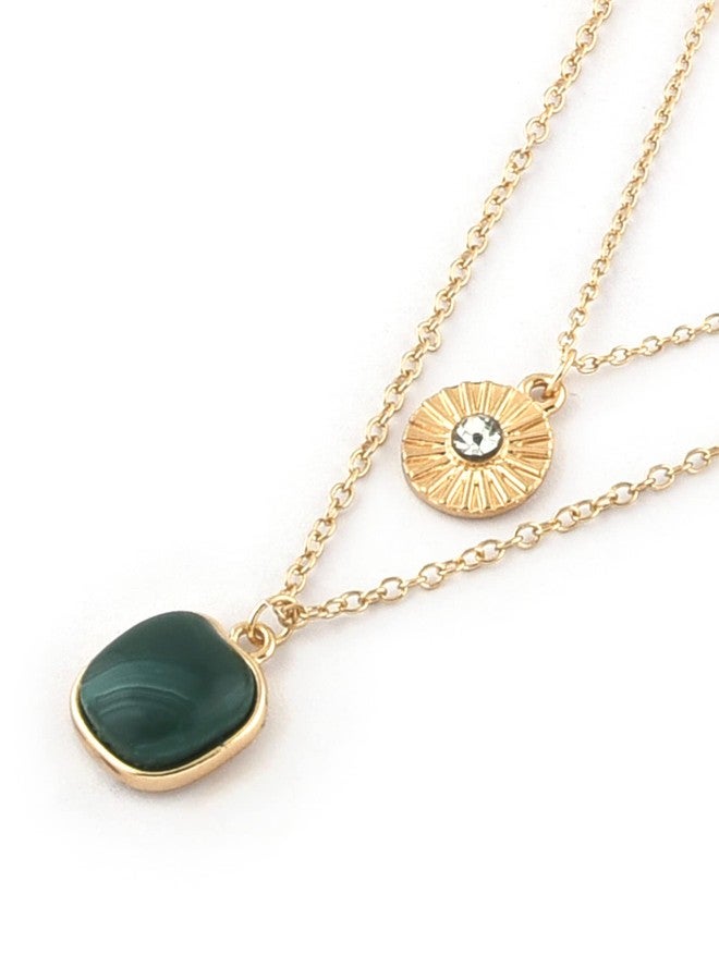 Ami Green Stone Contemporary 2 Layers Necklace and Chain For Women-ZPFK19712 - Image 4