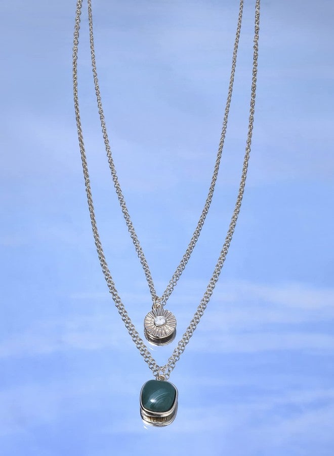 Ami Green Stone Contemporary 2 Layers Necklace and Chain For Women-ZPFK19712 - Image 3