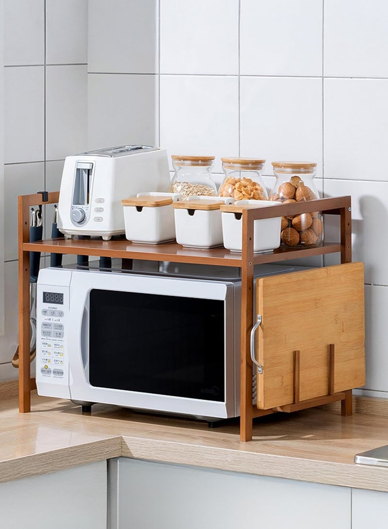 WALALLA 2-Tier Wooden Microwave Oven Rack, Kitchen Countertop Shelf, Bamboo Microwave Stand, Large Spice Racks, Pantry Organizers Storage Rack, Kitchen Organization with Cutting Board Slot, 4 Hooks - Image 1