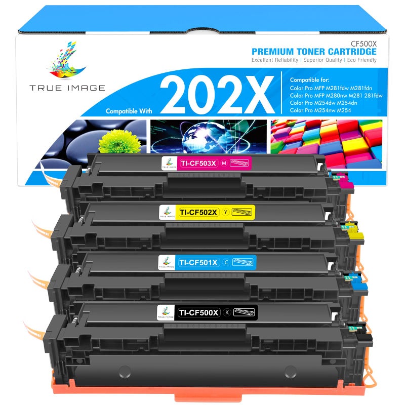 TRUE IMAGE Compatible Toner Cartridge Replacement for HP 202X CF500X CF500A 202A Color Laserjet Pro MFP M281fdw M281cdw M254dw M281fdn 281fdw M254 M281 Toner Printer (Black Cyan Yellow Magenta 4 Pack) - Image 1