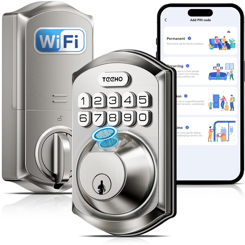 TEEHO TE012W WiFi Smart Lock, Fingerprint Door Lock with Built-in Wi-Fi, Keyless Entry Keypad Smart Deadbolt, App Remote Control, Alexa Compatible, IP55 Waterproof for Front Door – Satin Nickel - Image 1