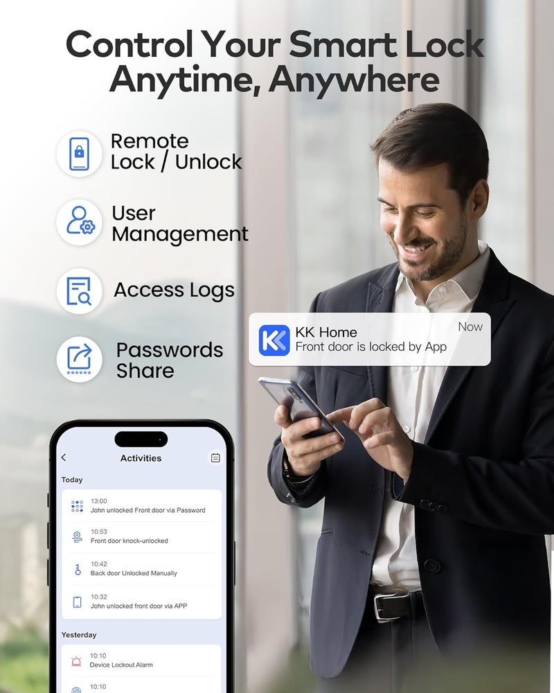 TEEHO TE012W WiFi Smart Lock, Fingerprint Door Lock with Built-in Wi-Fi, Keyless Entry Keypad Smart Deadbolt, App Remote Control, Alexa Compatible, IP55 Waterproof for Front Door – Satin Nickel - Image 3
