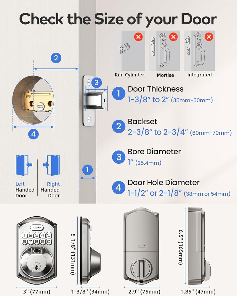 TEEHO TE012W WiFi Smart Lock, Fingerprint Door Lock with Built-in Wi-Fi, Keyless Entry Keypad Smart Deadbolt, App Remote Control, Alexa Compatible, IP55 Waterproof for Front Door – Satin Nickel - Image 5