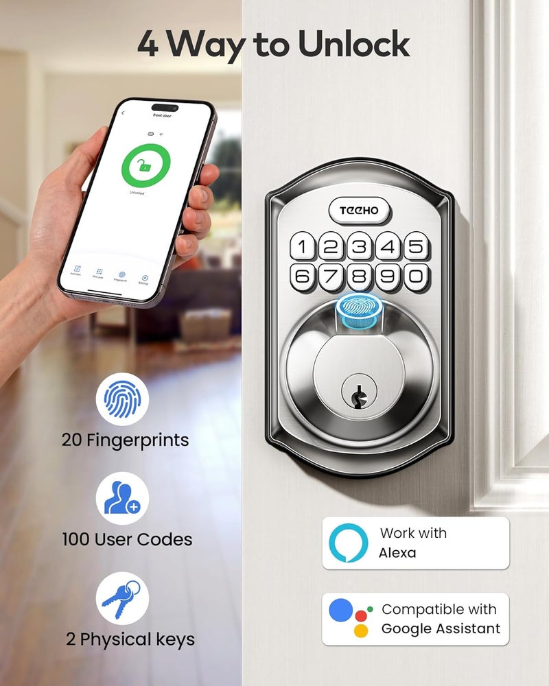 TEEHO TE012W WiFi Smart Lock, Fingerprint Door Lock with Built-in Wi-Fi, Keyless Entry Keypad Smart Deadbolt, App Remote Control, Alexa Compatible, IP55 Waterproof for Front Door – Satin Nickel - Image 4