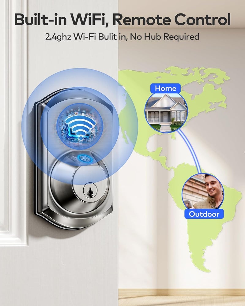 TEEHO TE012W WiFi Smart Lock, Fingerprint Door Lock with Built-in Wi-Fi, Keyless Entry Keypad Smart Deadbolt, App Remote Control, Alexa Compatible, IP55 Waterproof for Front Door – Satin Nickel - Image 2