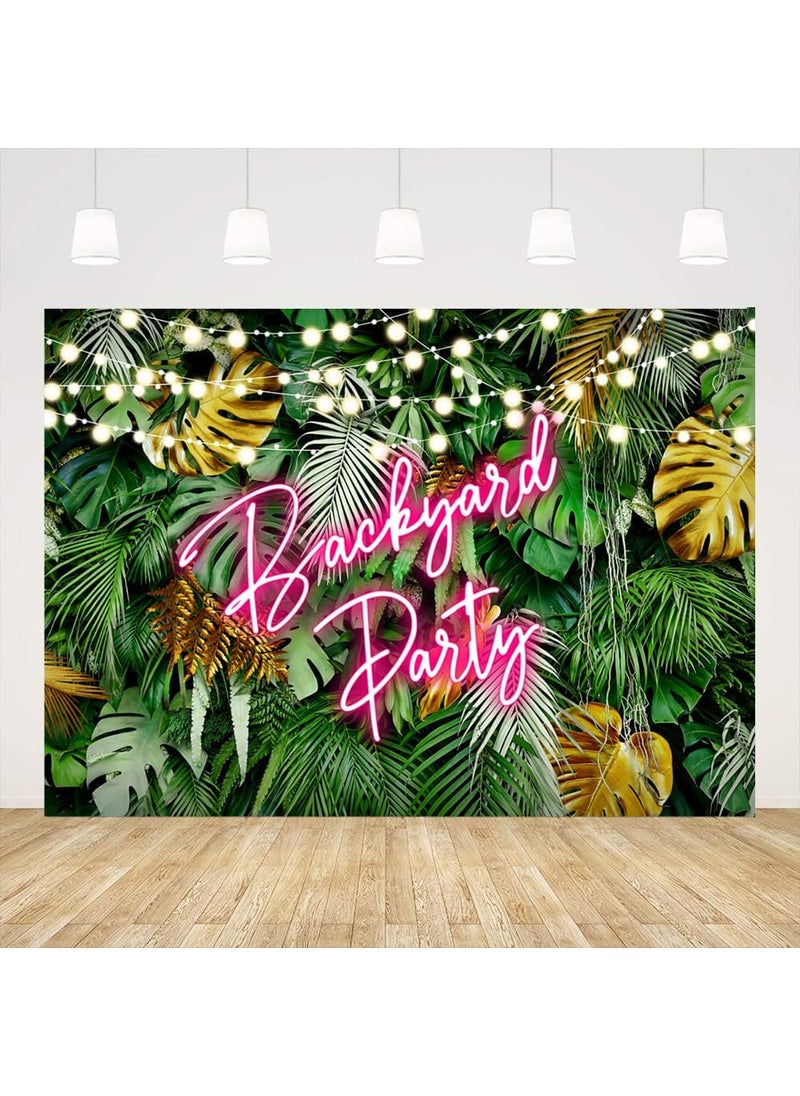 Ticuenicoa Ticuenicoa 75ft Backyard Party Backdrop Hawaiian Tropical Aloha Palm Leaves Backyard BBQ Birthday Background Pink Neon Jungle Green Leaves Photography Backdrops Party Decorations Photo Booth Props  - Image 1