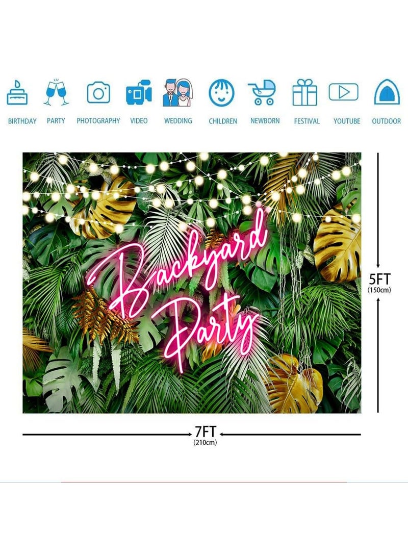 Ticuenicoa Ticuenicoa 75ft Backyard Party Backdrop Hawaiian Tropical Aloha Palm Leaves Backyard BBQ Birthday Background Pink Neon Jungle Green Leaves Photography Backdrops Party Decorations Photo Booth Props  - Image 3