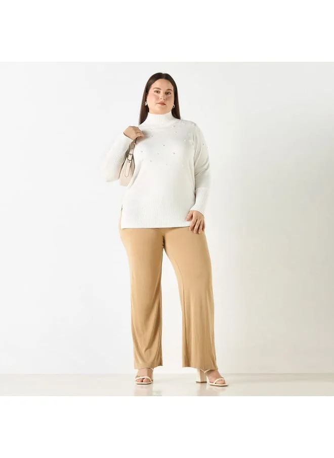 Ulla Popken Plus Size Ulla Popken Pearl Embellished High-Neck Sweater with Side Slit