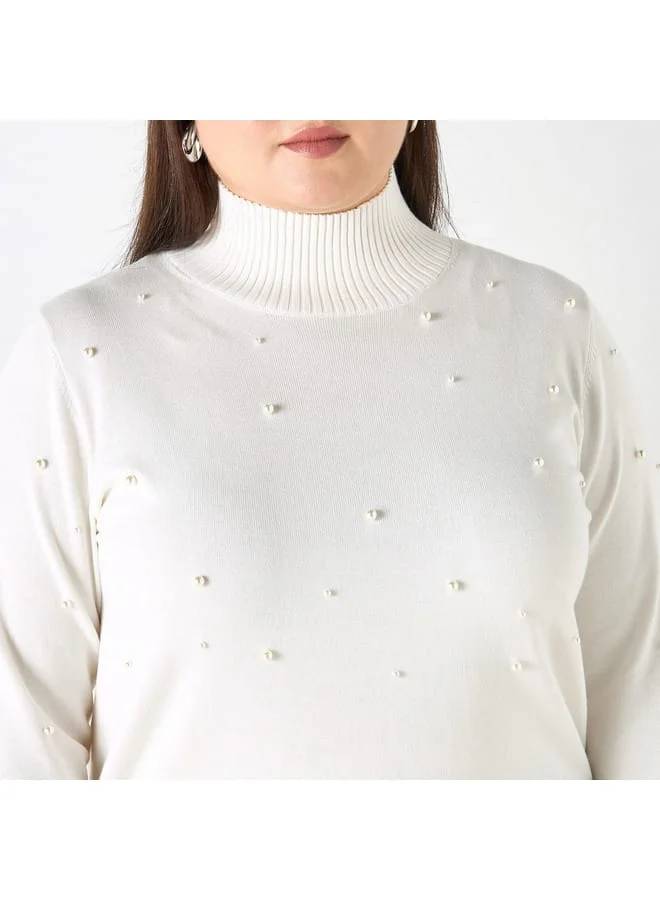 Ulla Popken Plus Size Ulla Popken Pearl Embellished High-Neck Sweater with Side Slit