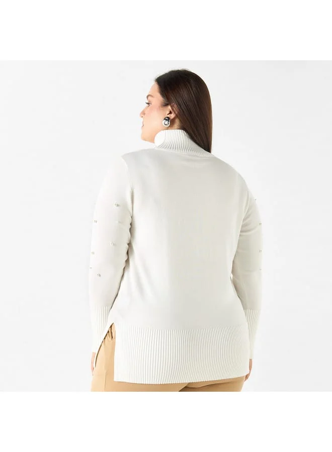 Ulla Popken Plus Size Ulla Popken Pearl Embellished High-Neck Sweater with Side Slit