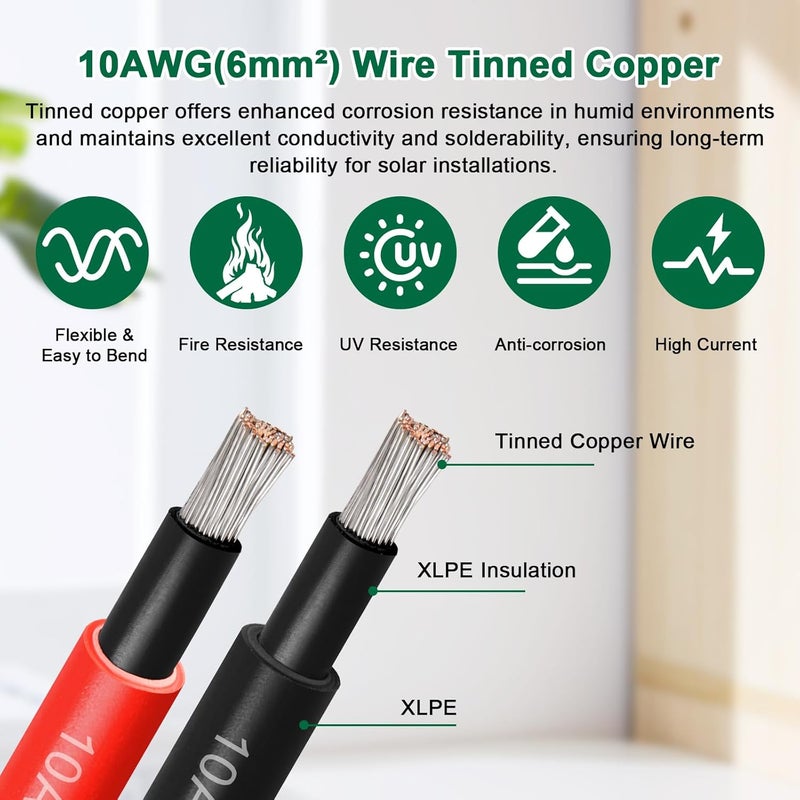 YDDECW Solar Panel Extension Cable - 10AWG 15FT Solar Wire Cord 10 Gauge PV Wire with Female & Male Waterproof Connector for RV, Photovoltaic Systems, Home, Boat, Solar Panels, Car(15ft Red + 15ft Black) - Image 2