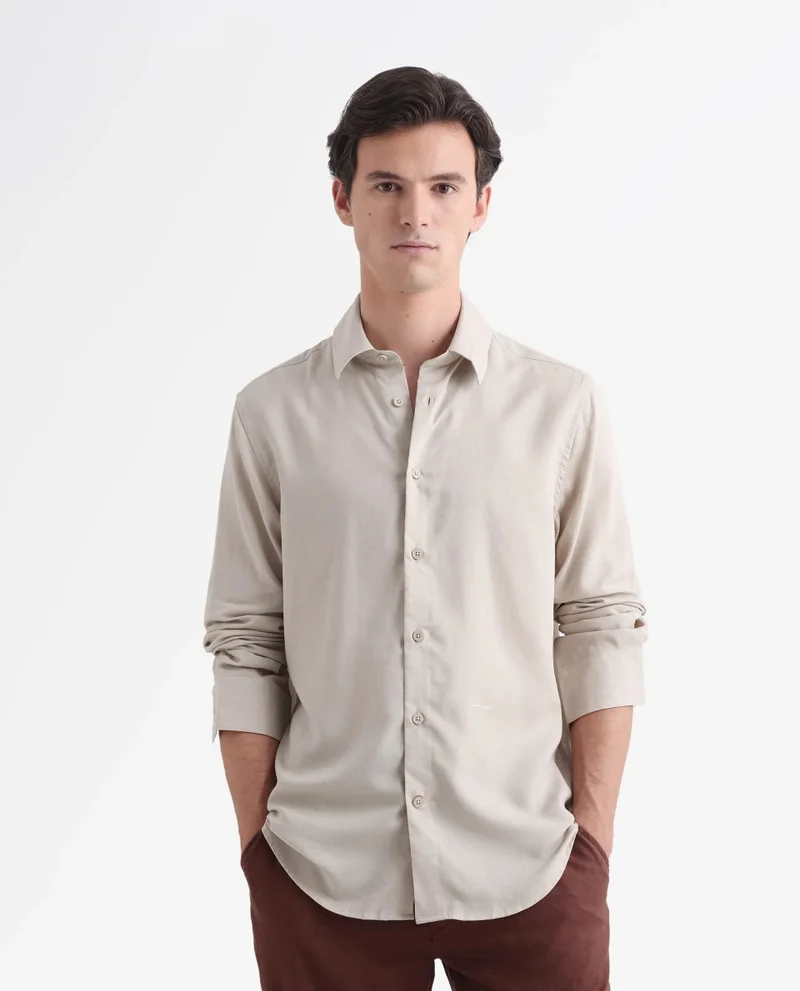 Rare Rabbit Rare Rabbit Men Coft Beige Cotton Linen Fabric Full Sleeve Collared Neck Button Closure Boxy Fit Plain Shirt