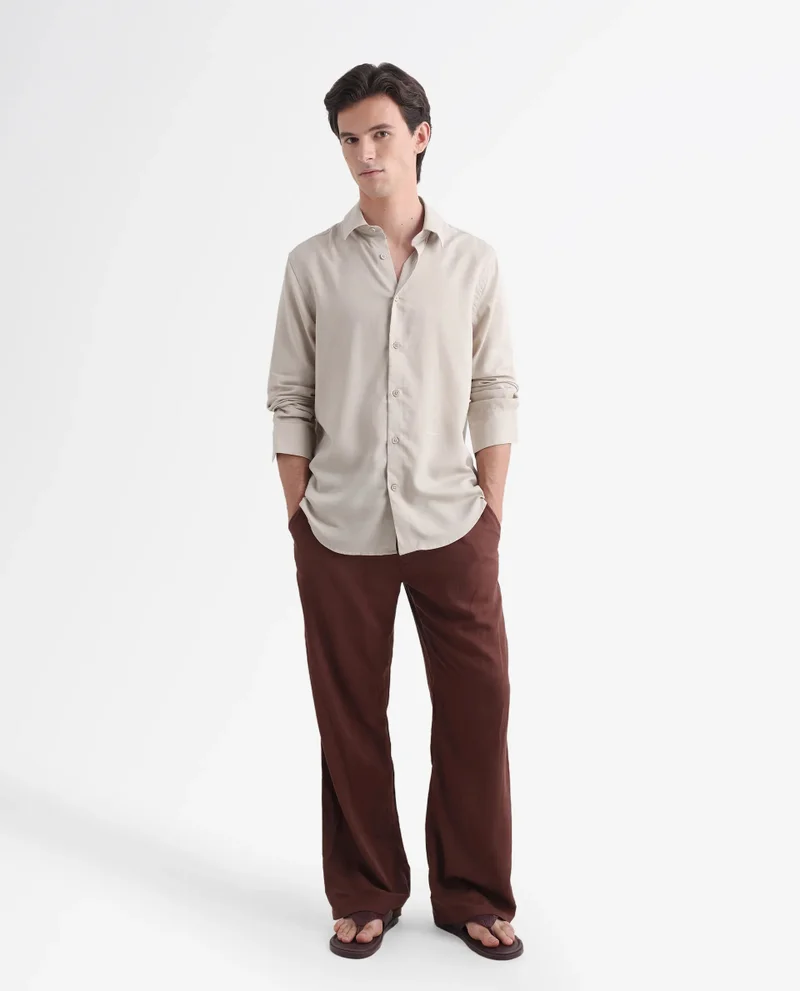 Rare Rabbit Rare Rabbit Men Coft Beige Cotton Linen Fabric Full Sleeve Collared Neck Button Closure Boxy Fit Plain Shirt