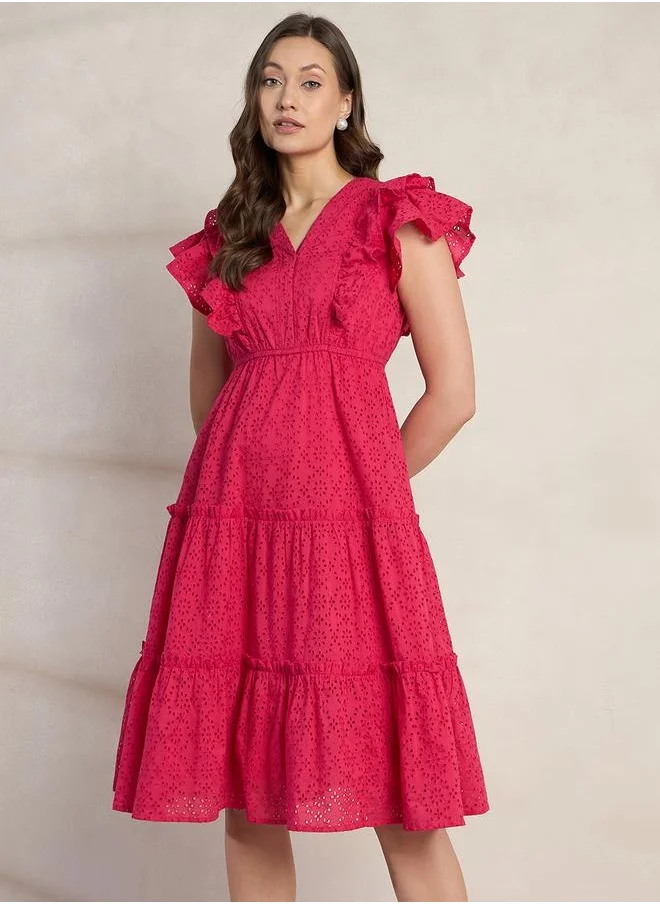 Femmella Schiffli Ruffled Sleeve Tiered Midi Dress by Styli