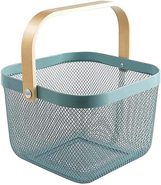 Medigo Shelf Adjustable Sink Drawer Cabinet Mesh Fruit Kitchen Vegetable Storage Organizer Basket with Bamboo Handle Storage Baskets Outdoor Picnic Basket Blue