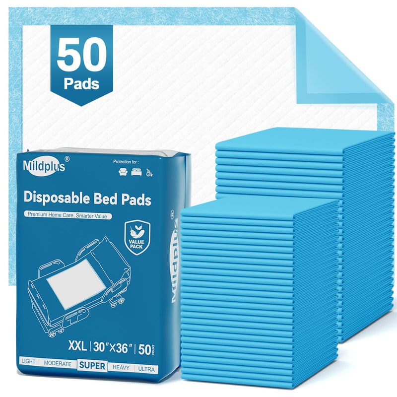 MILDPLUS 50 Count Disposable Bed Pads 30''X36'' MILDPLUS Super Absorbent Underpads, Disposable Extra Large Chucks Pads Incontinence Pads for Adults and Kids, Dog Training Pads - Image 1