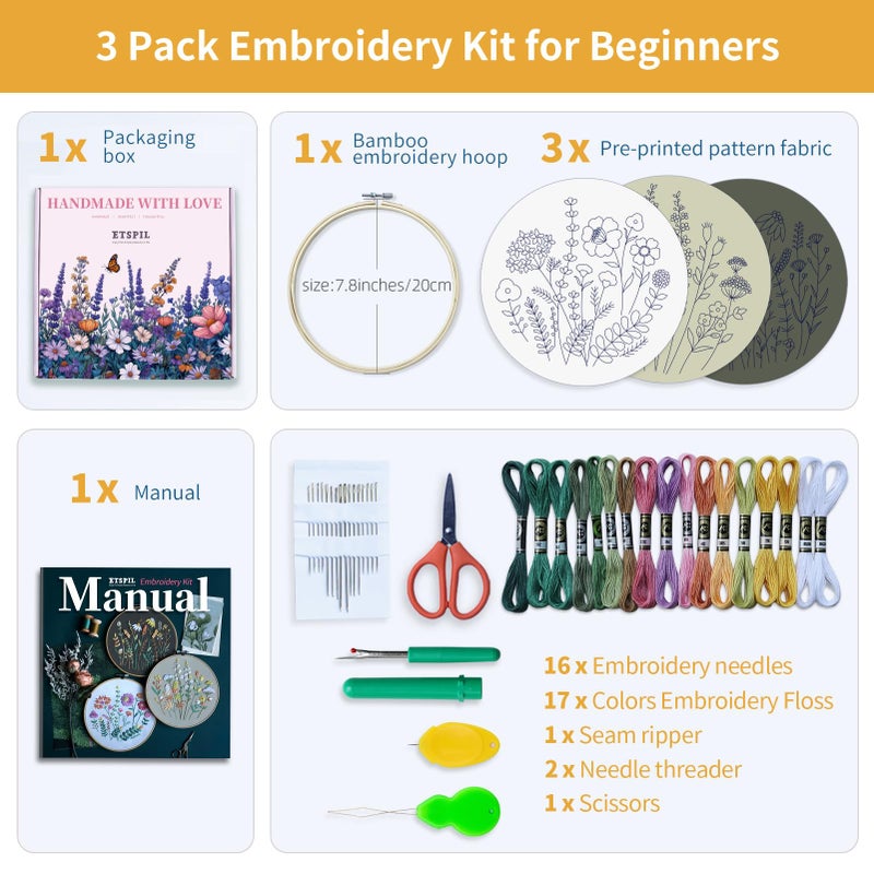 ETSPIL 3 Pack Beginner Embroidery Kits for Adults, DIY Starter Set with Stamped Flower Designs, Embroidery Hoop, Colorful Threads, Tools, Step-by-Step Instructions & Video Tutorial - Image 2