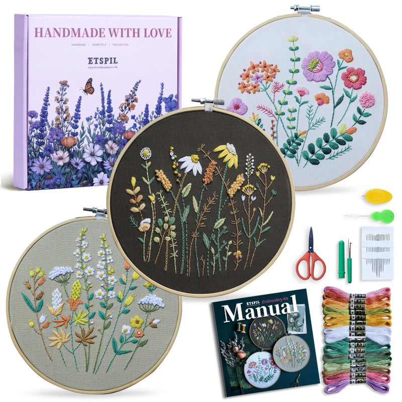 ETSPIL 3 Pack Beginner Embroidery Kits for Adults, DIY Starter Set with Stamped Flower Designs, Embroidery Hoop, Colorful Threads, Tools, Step-by-Step Instructions & Video Tutorial - Image 1