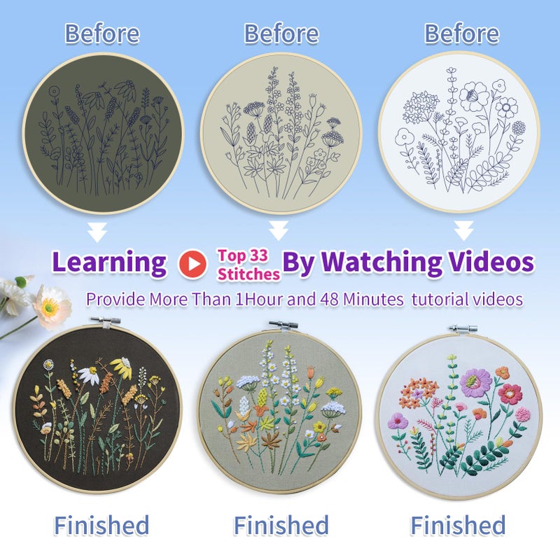 ETSPIL 3 Pack Beginner Embroidery Kits for Adults, DIY Starter Set with Stamped Flower Designs, Embroidery Hoop, Colorful Threads, Tools, Step-by-Step Instructions & Video Tutorial - Image 4