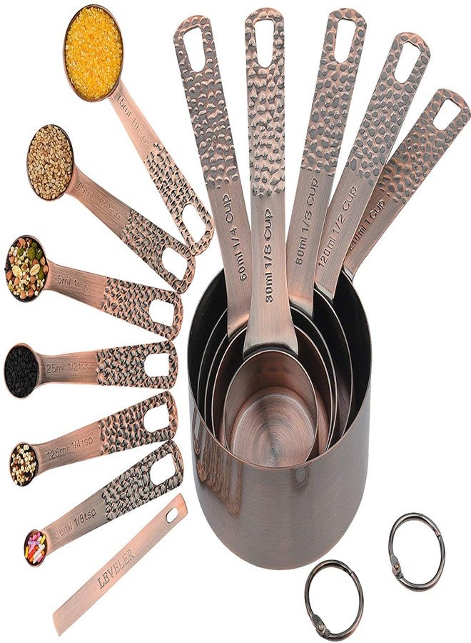 Hotsyang Measuring Cups and Spoons Set 12, Metric & US Copper Measuring Cups and Spoons set for Dry & Liquid, Stainless Steel 5 Measure Cup and 6 Measurf Spoon with 1 Leveler - Image 1