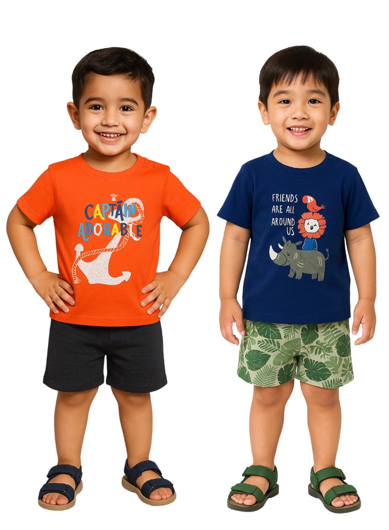 لؤي مجموعة ملابس LUAY 100% من القطن العضوي للأطفال الأولاد والبنات بأكمام قصيرة ملابس أطفال للأولاد والبنات طقم قصير للأطفال الصغار مطبوع عليه حيوانات لطيفة مكون من قطعتين علوية وسروال قصير لحديثي الولادة - Image 1