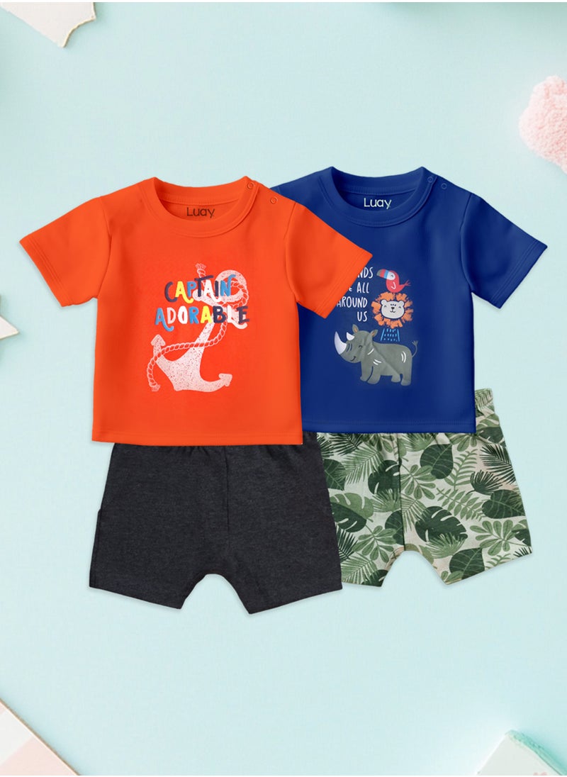LUAY - 100% Organic Cotton Baby Boy & Girls Clothing Set Short Sleeve Kids Clothes Boys & Girls Toddler Short Set Cute Animal Print Combo Pack Of 2 Top and Shorts Outfit For New born - Image 1