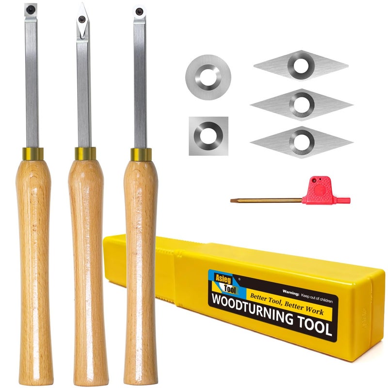 Asieg Tool Mini Carbide Tipped Wood Lathe Turning tools Combo set Rougher Detailer Finisher with Wood Handle and Diamond Round Square Carbide Insertsï¼Œ3pcs - Image 1