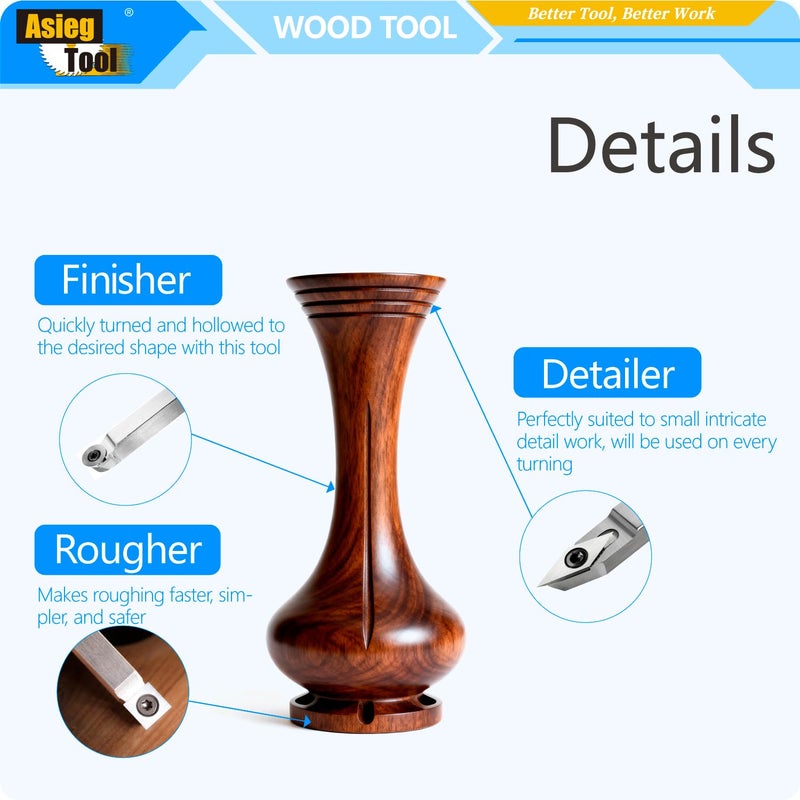 Asieg Tool Mini Carbide Tipped Wood Lathe Turning tools Combo set Rougher Detailer Finisher with Wood Handle and Diamond Round Square Carbide Insertsï¼Œ3pcs - Image 4