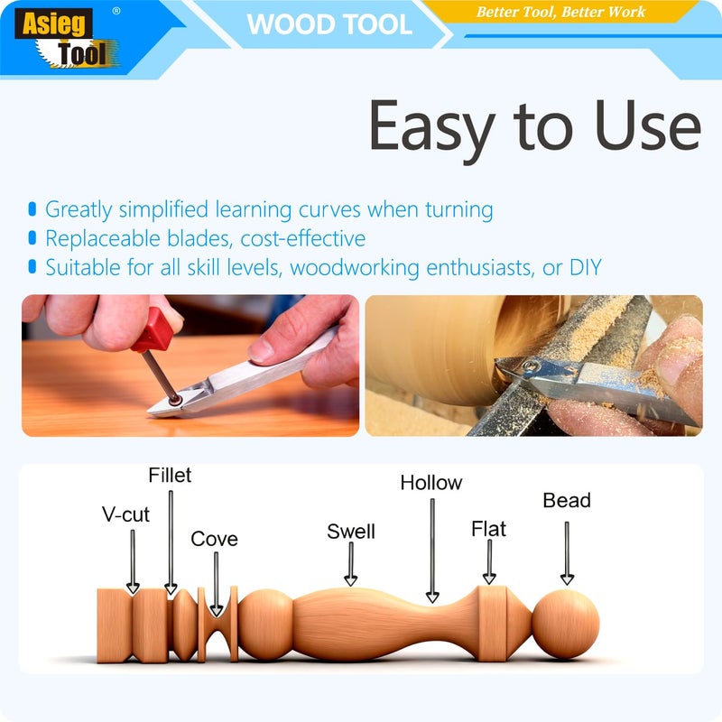 Asieg Tool Mini Carbide Tipped Wood Lathe Turning tools Combo set Rougher Detailer Finisher with Wood Handle and Diamond Round Square Carbide Insertsï¼Œ3pcs - Image 5