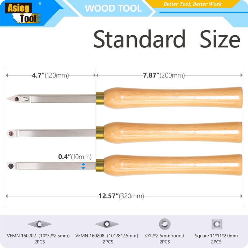 Asieg Tool Mini Carbide Tipped Wood Lathe Turning tools Combo set Rougher Detailer Finisher with Wood Handle and Diamond Round Square Carbide Insertsï¼Œ3pcs - Image 2
