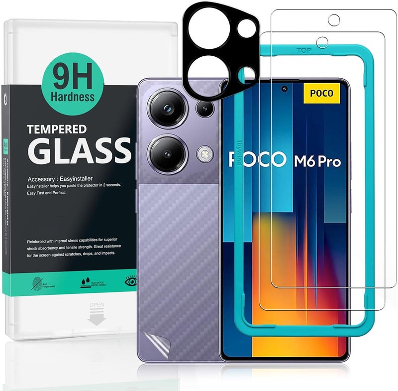 Ibywind 2 Pack Screen Protector For Xiaomi Poco M6 Pro 4G 6.67",9H Hardness Tempered Glass,With 1Pc Camera Lens Protector,1Pc Back Carbon Fiber Film,Anti-Scratch,Bubble Free - Image 1
