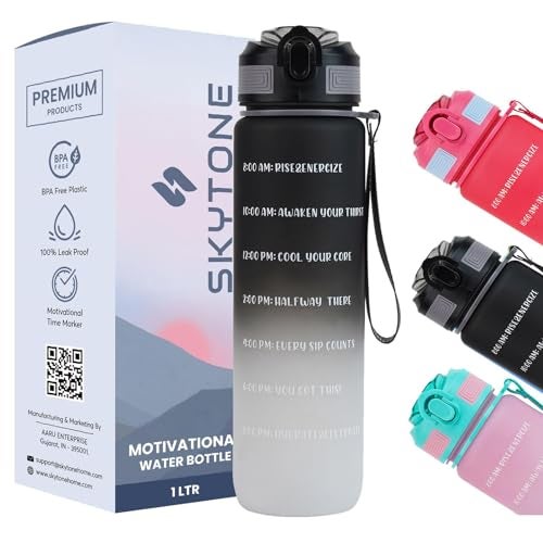 SKYTONE Water Bottle 1 Litre with Motivational Time Marker For Adults, Non-Toxic Water bottle for office, Water bottle for gym, Running Sports Water Bottle (1L SAPPHIRE BLACK) (Black) - Image 1