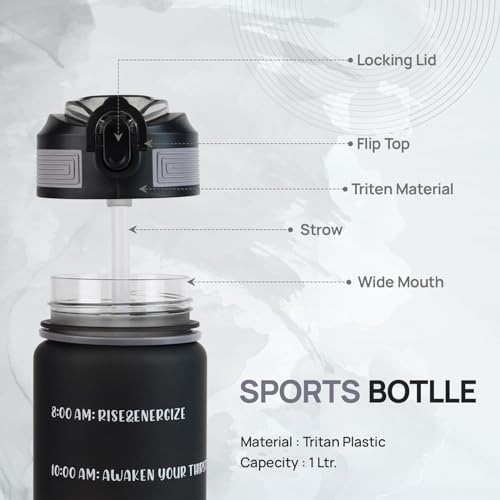 SKYTONE Water Bottle 1 Litre with Motivational Time Marker For Adults, Non-Toxic Water bottle for office, Water bottle for gym, Running Sports Water Bottle (1L SAPPHIRE BLACK) (Black) - Image 5